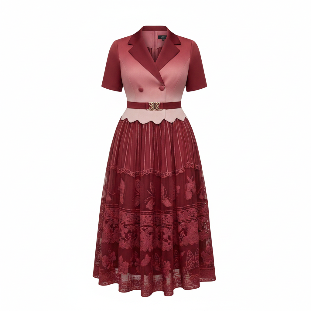 Women's Burgundy & Blush Pink Blazer Bodice Embroidered Tiered Midi Gown - Ghost Mannequin Front