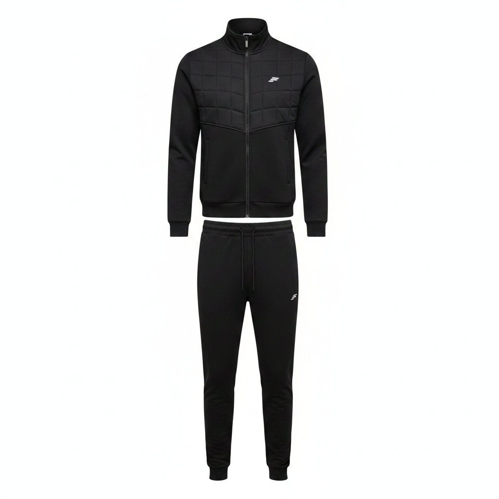 Men's all-black quilted zip-up tracksuit set on ghost mannequin