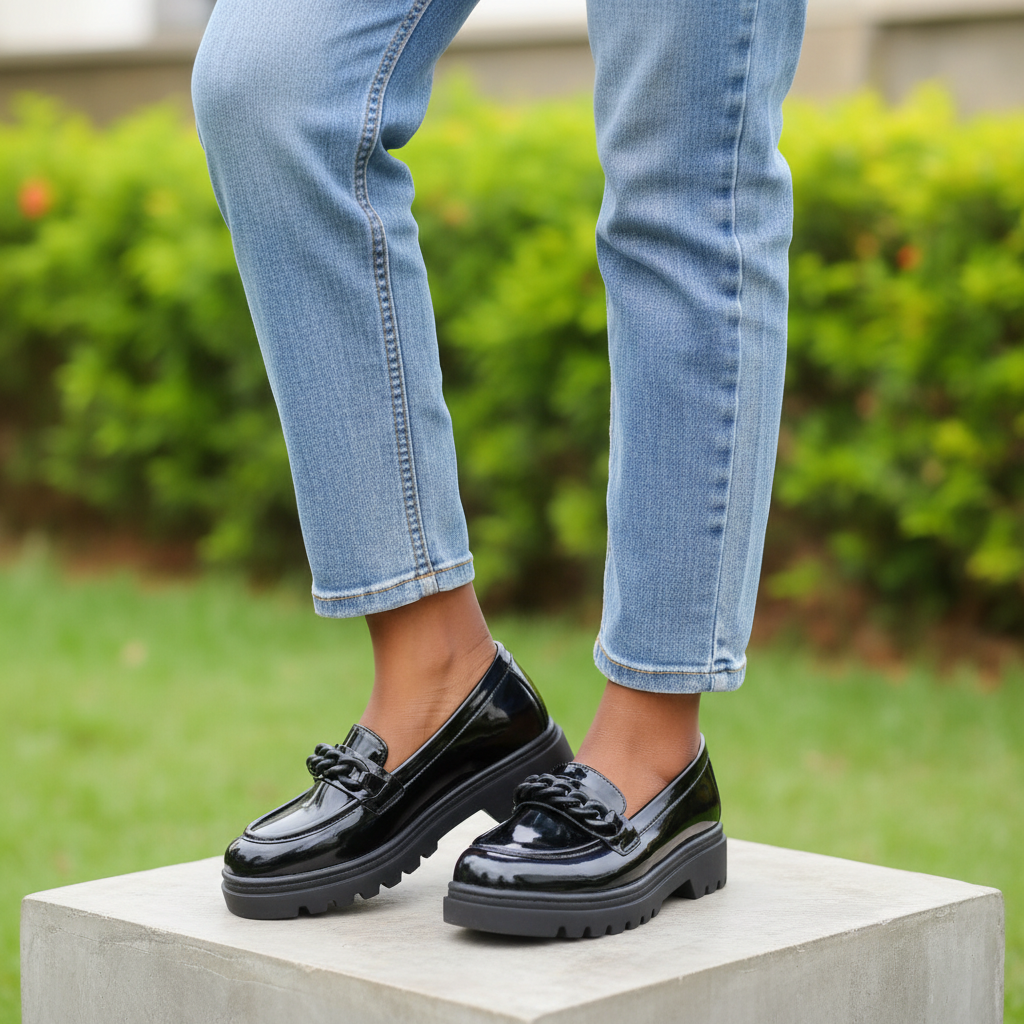 Nigerian female model wearing black patent leather platform loafers with chain detail