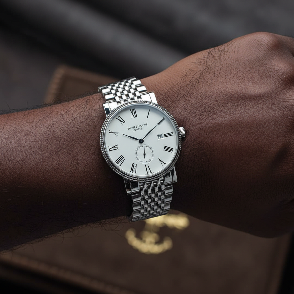 Nigerian man wearing full silver dress watch with coin bezel and Roman numeral dial, wrist close-up