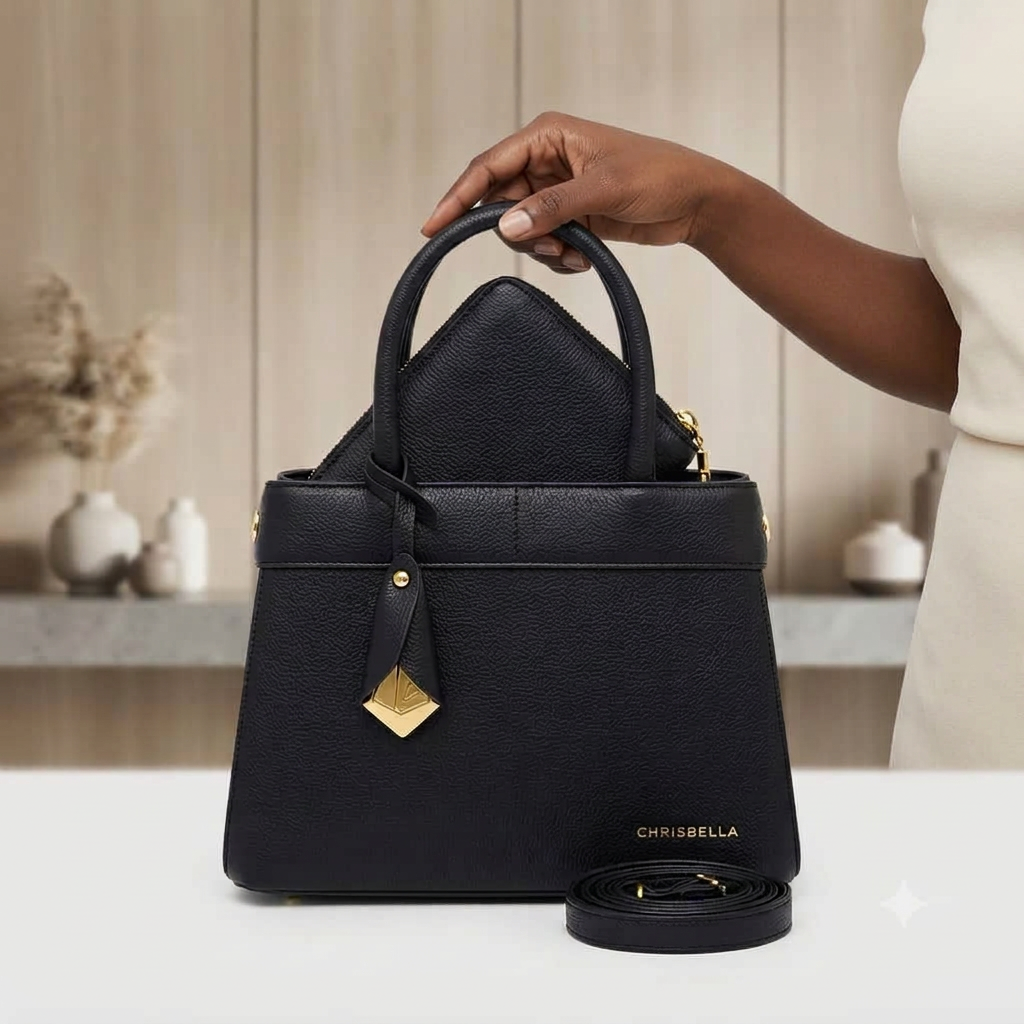 Hand holding black textured handbag with matching pouch and strap