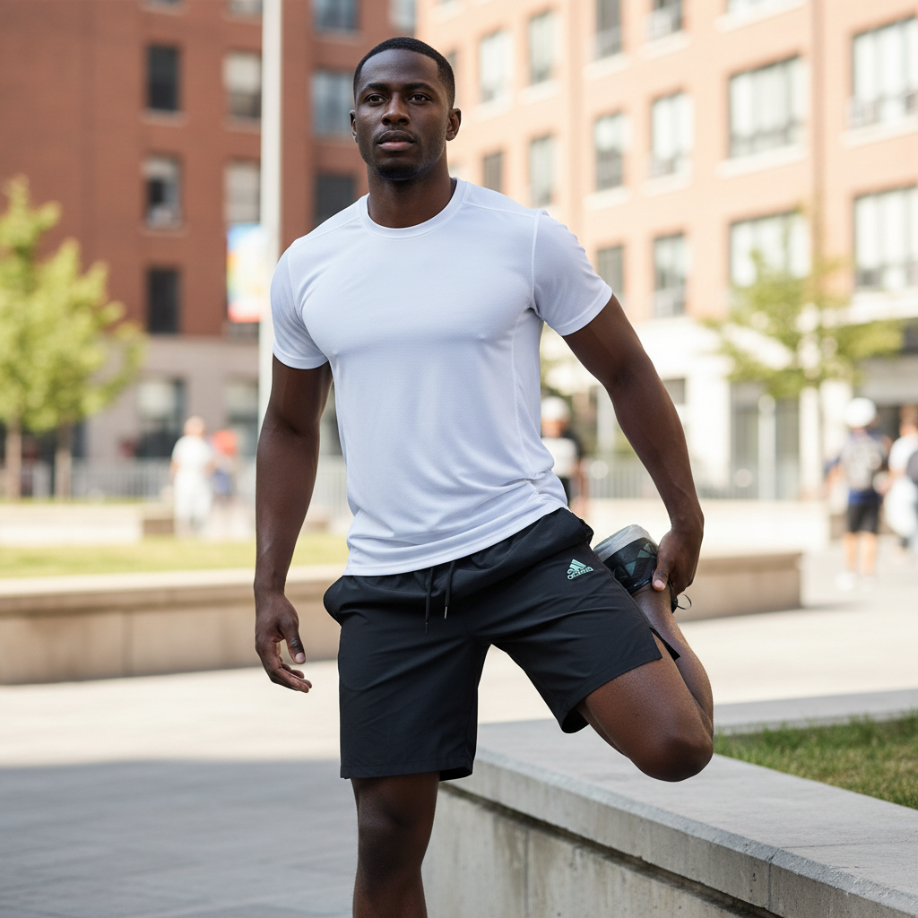 Black Nigerian male model wearing black premium sport shorts with white jersey in urban street workout setting