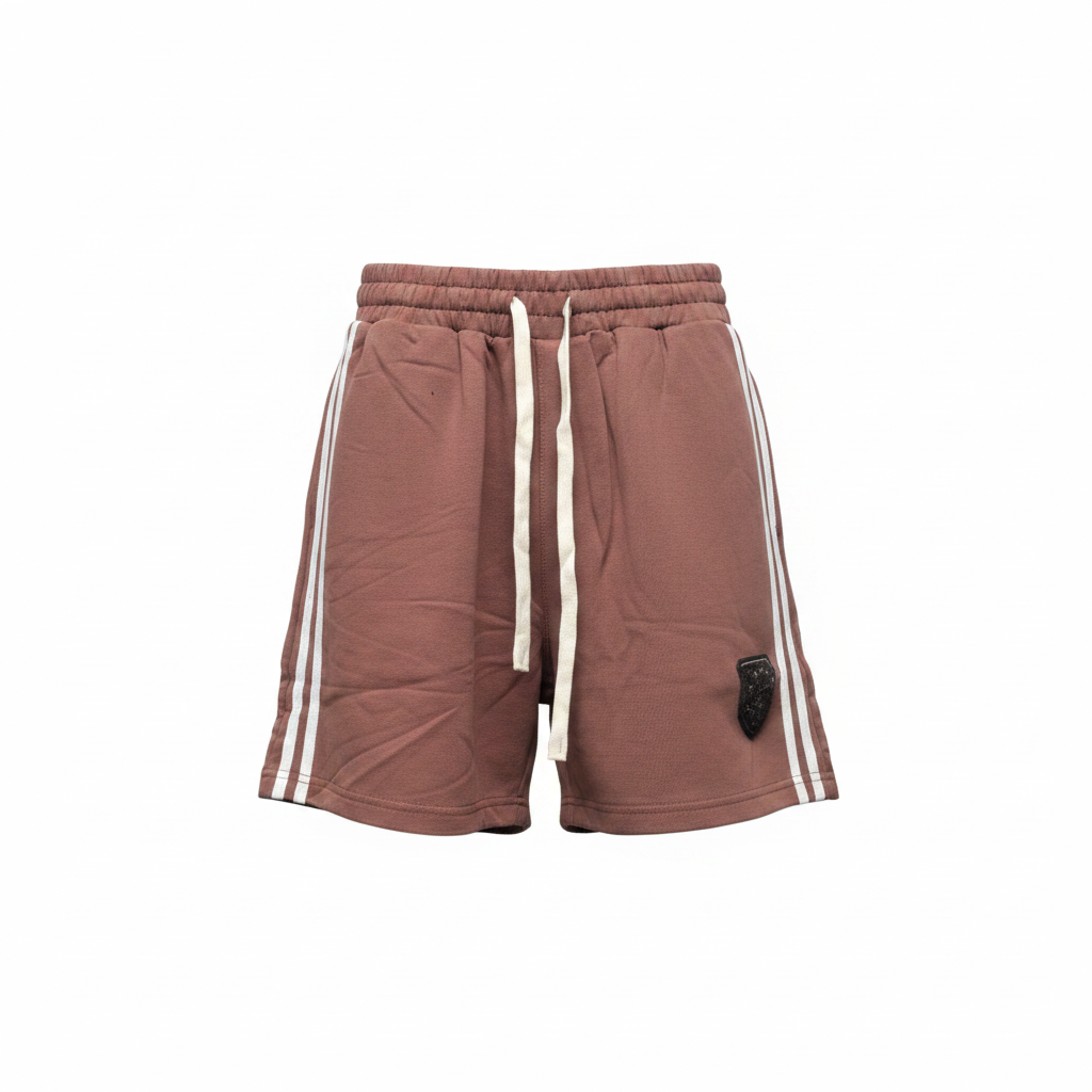 Men's dusty rose double-stripe utility sweat shorts — ghost mannequin front view