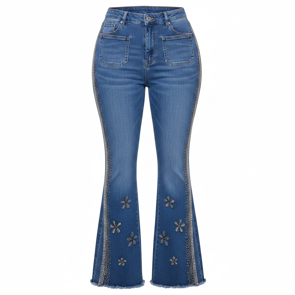 Women's rhinestone floral side-seam high-waist flare blue jeans – ghost mannequin front view