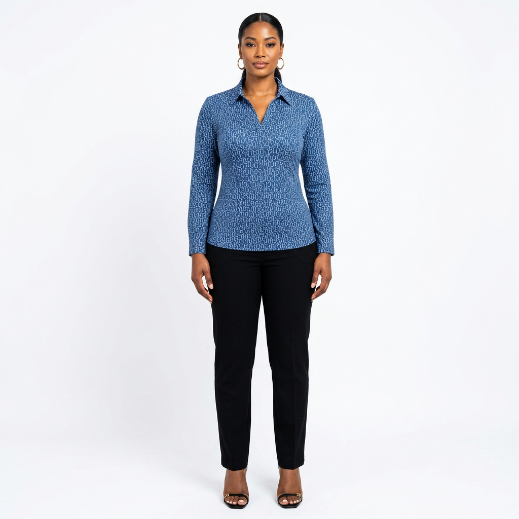 Full-body Black adult model wearing a blue patterned collared top with black trousers