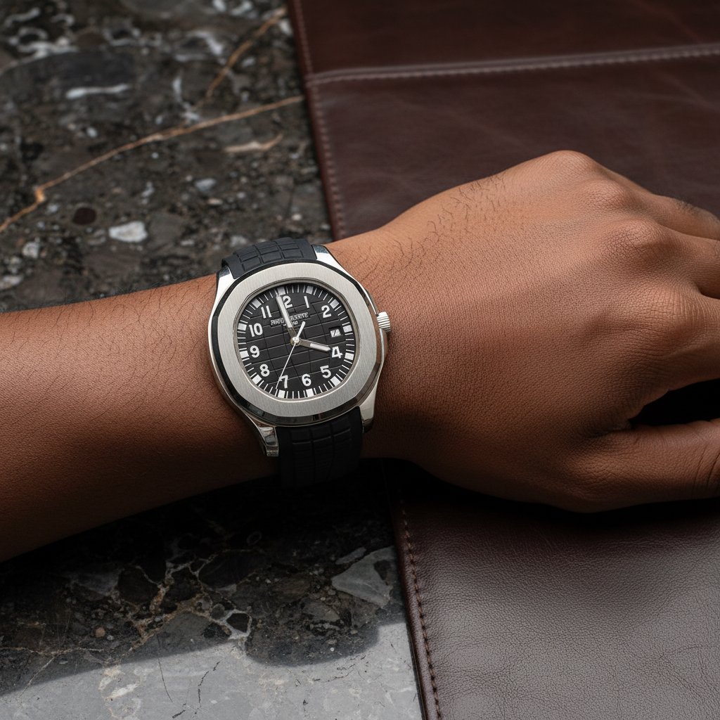 Nigerian man wrist shot wearing silver black dial rubber strap luxury watch