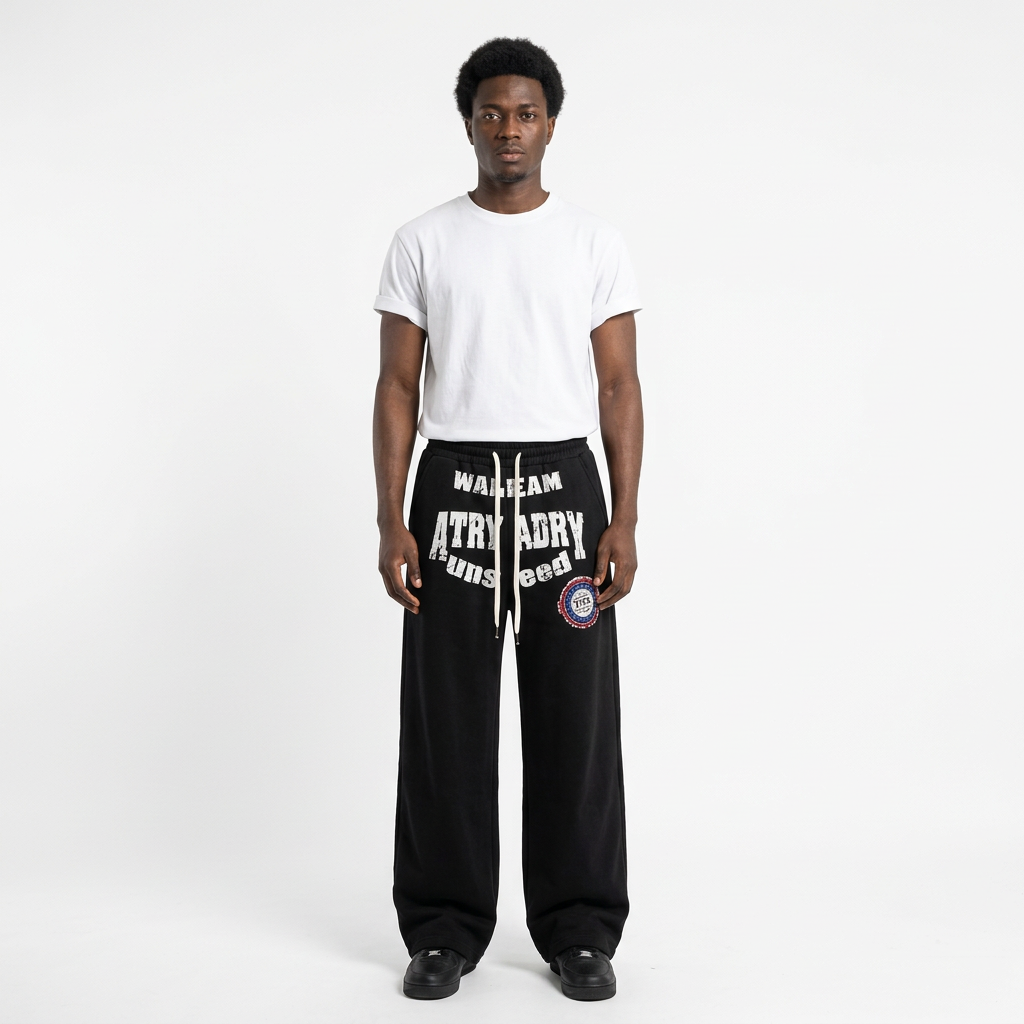Full-body male model wearing black letter-print wide-leg trousers