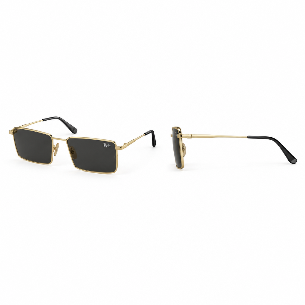 Gold-tone rectangular sunglasses shown in front and side views