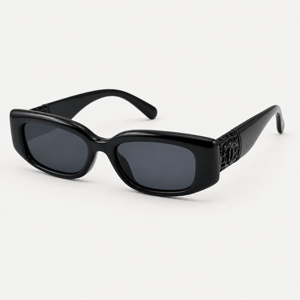 AI-generated black rectangular sunglasses with patterned side detail