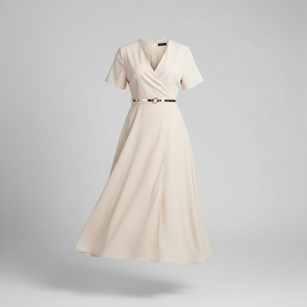 Cream beige off-white short sleeve V-neck wrap midi dress on ghost mannequin