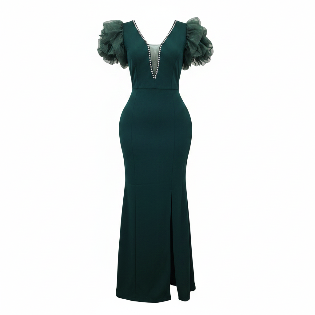 Emerald Green Puff Sleeve Rhinestone Maxi Gown – Ghost Mannequin
