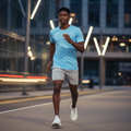 Nike Breathe sky blue short-sleeve athletic T-shirt on male model