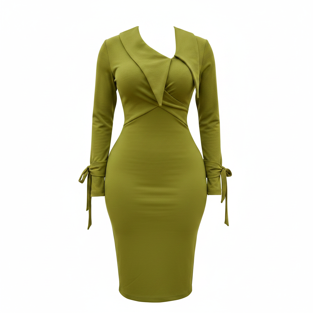 Ghost mannequin view of Women's Olive Green Deep V-Neck Bow-Cuff Long-Sleeve Bodycon Midi Dress