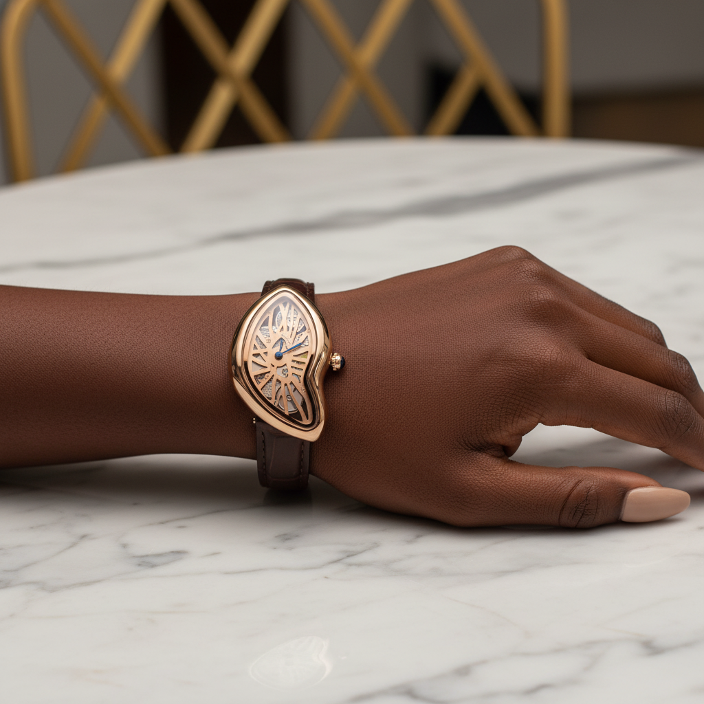Black Nigerian woman wrist shot wearing asymmetric rose gold skeleton dial watch with brown strap