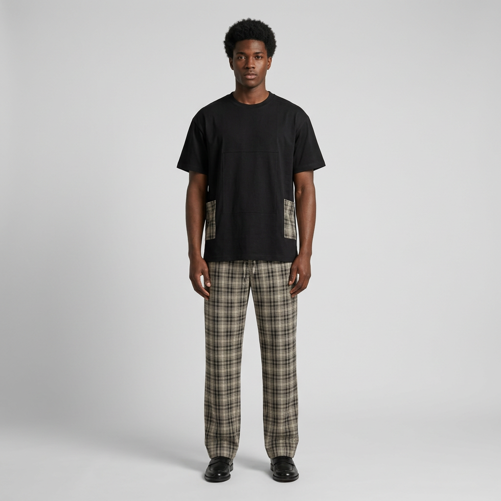 Nigerian man wearing black plaid-pocket top and matching check trousers