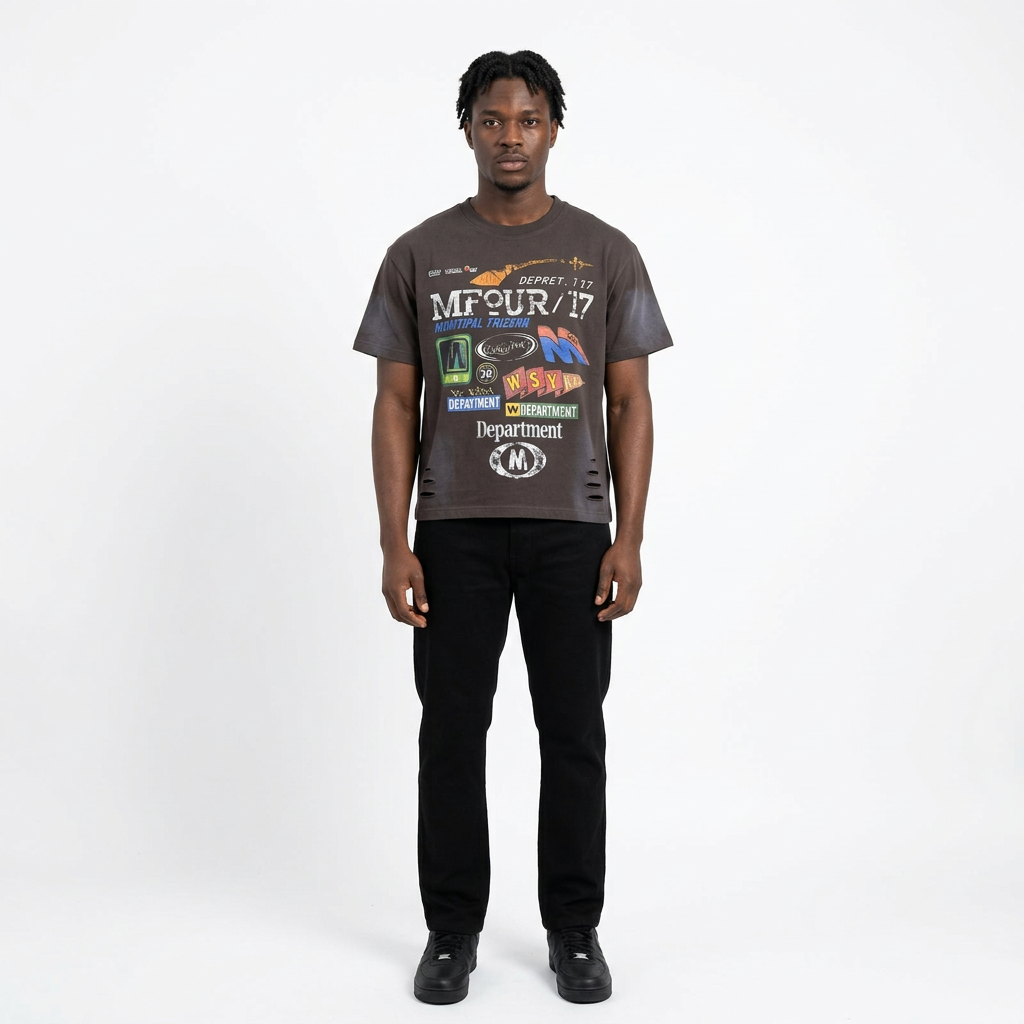 Full-body adult Black man wearing a charcoal cropped graphic T-shirt