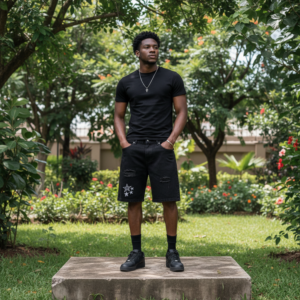 Men's Black Star Embroidery Distressed Denim Shorts – Nigerian Male Model Shot