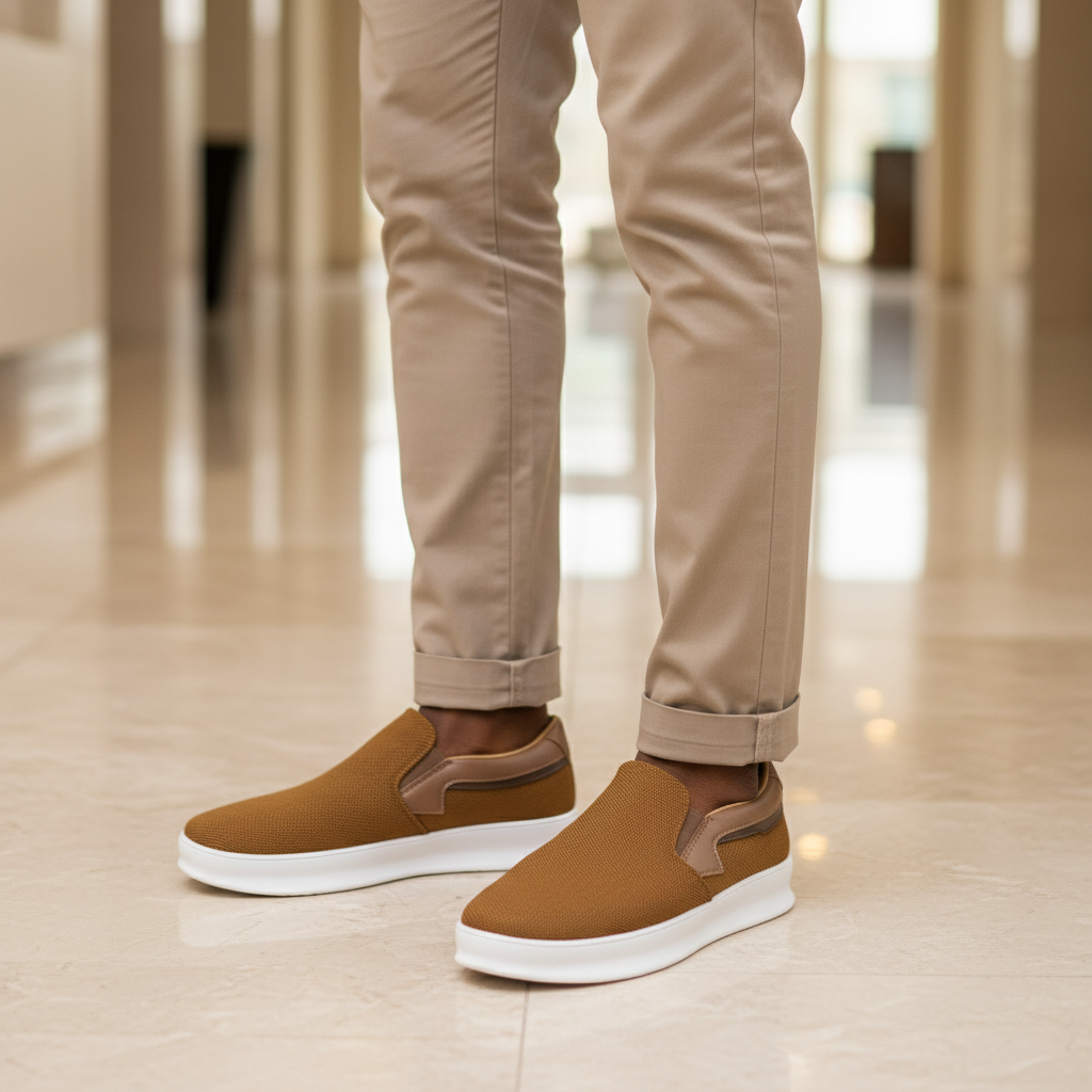 Camel Woven Textile Slip-On Platform Sneaker - Model Shot