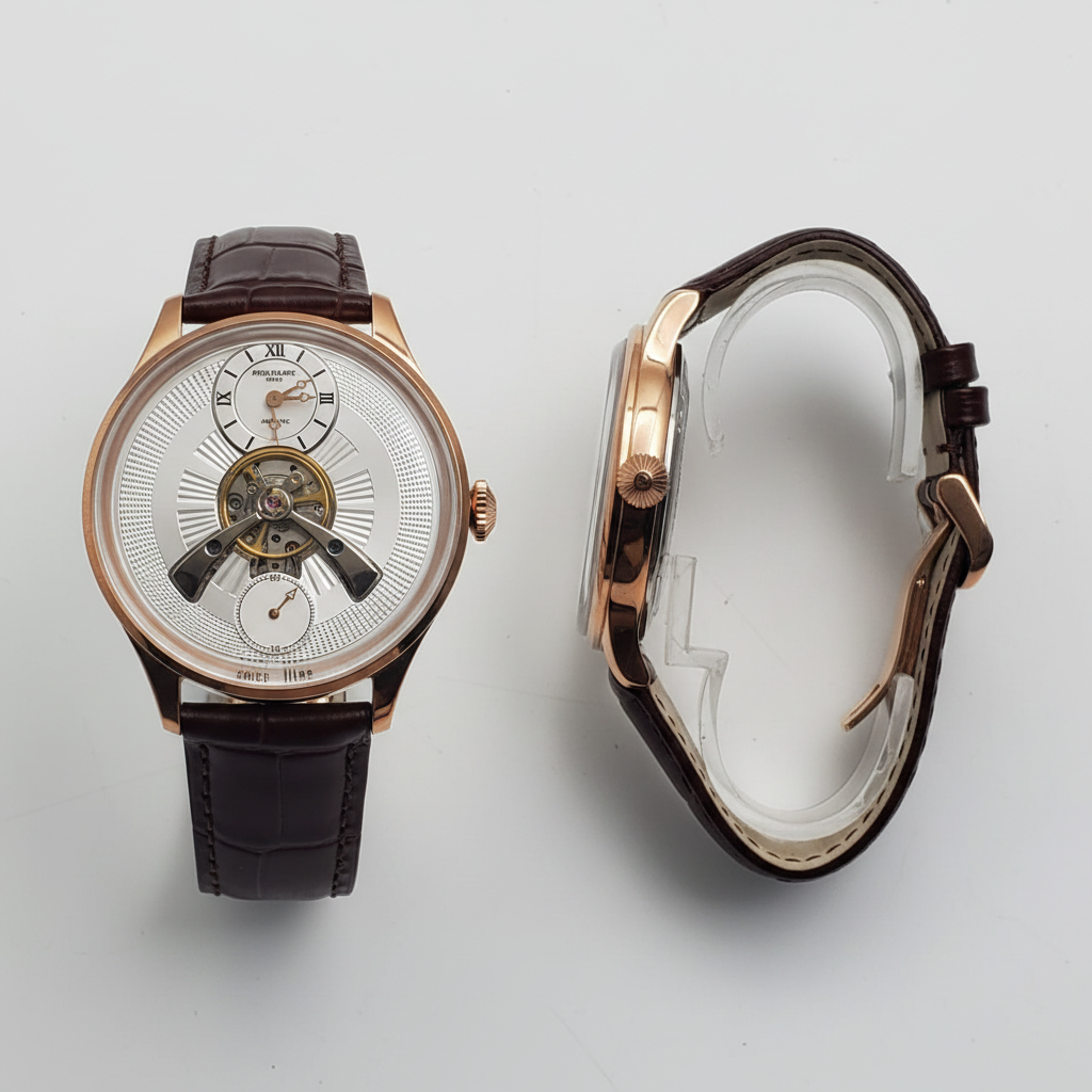 Men's White Dial Rose Gold Tourbillon Automatic Watch – Front and Side Ghost Mannequin View