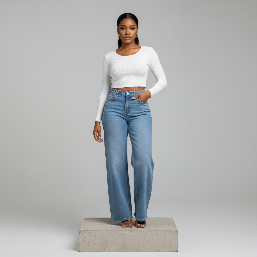 Light Blue Wash Wide-Leg Denim Jeans - Model Front