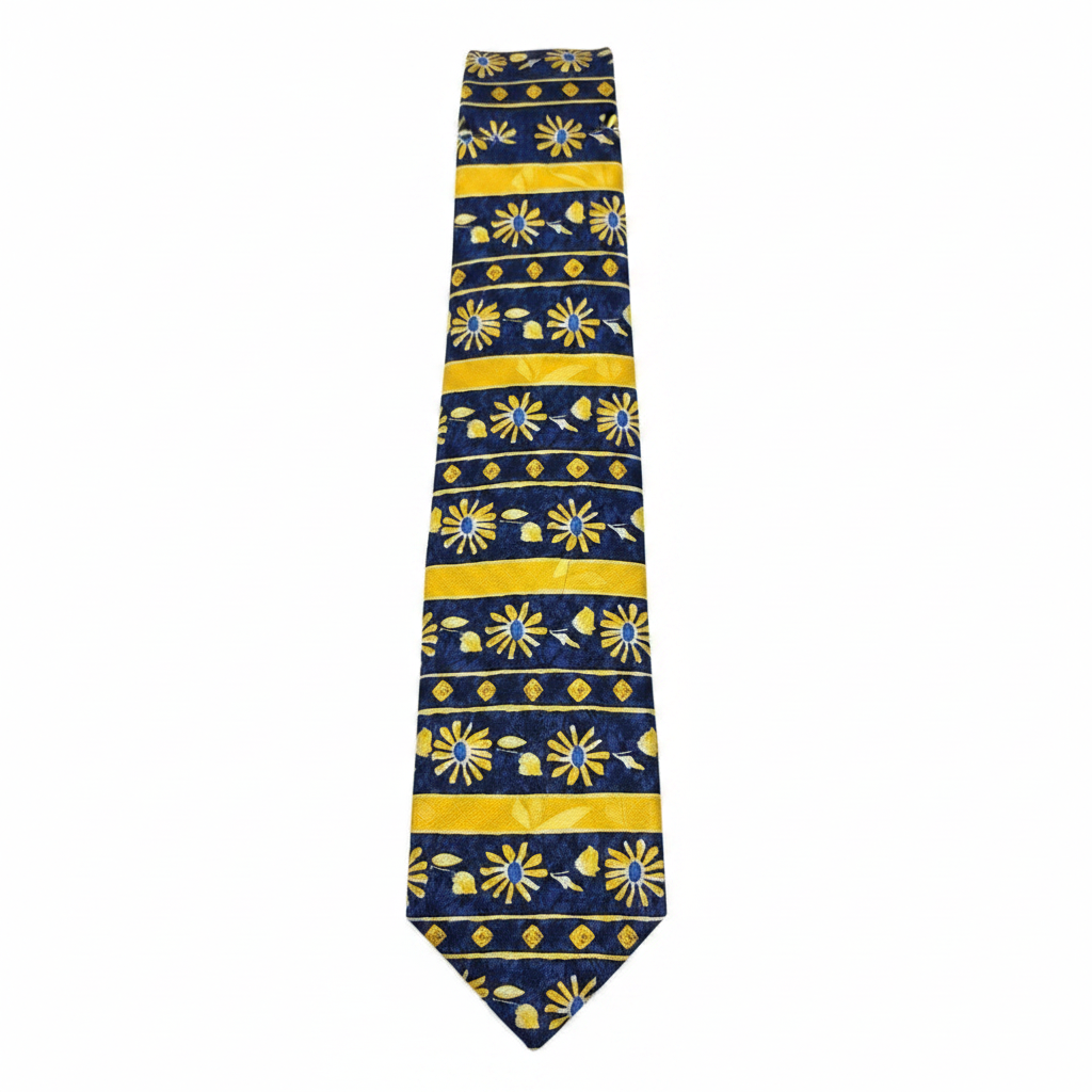 Men's navy blue and yellow floral woven necktie on ghost mannequin white background