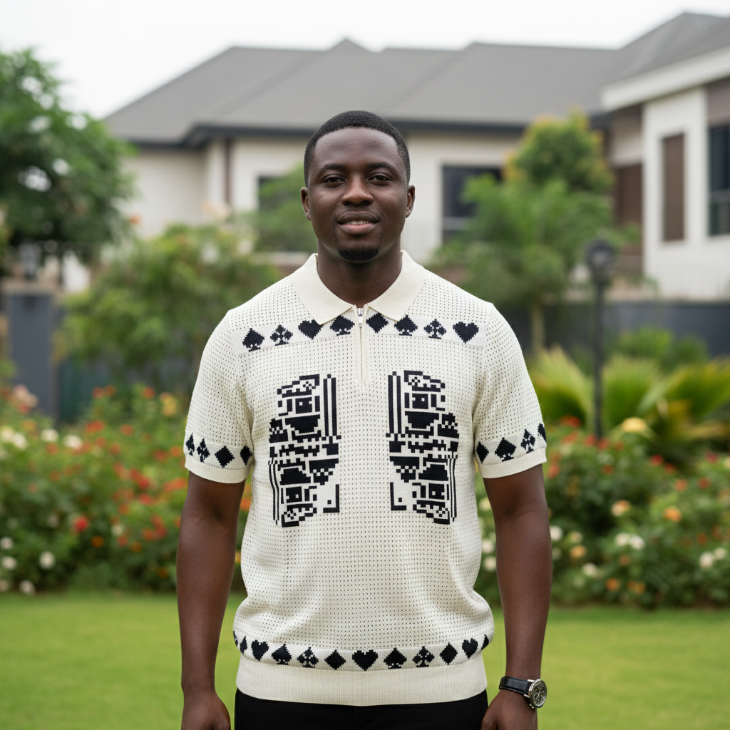 Nigerian male model wearing cream card suits open-weave knit quarter-zip polo