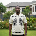 Nigerian male model wearing cream card suits open-weave knit quarter-zip polo