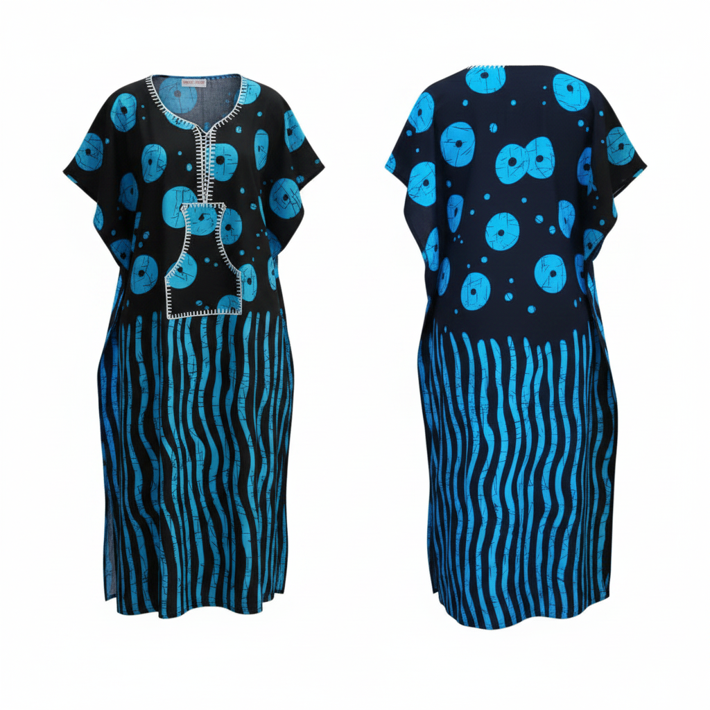 Ghost mannequin view of Navy Cyan Adire Print 3/4 Bubu Gown