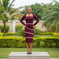 Women's Burgundy Scallop Neck Stripe Band Bodycon Midi Dress – Nigerian Female Model Shot