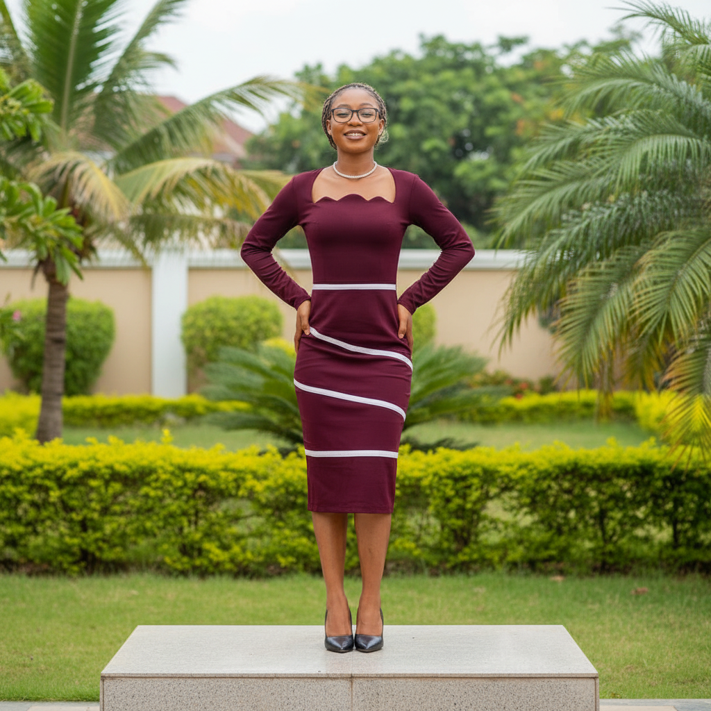 Women's Burgundy Scallop Neck Stripe Band Bodycon Midi Dress – Nigerian Female Model Shot
