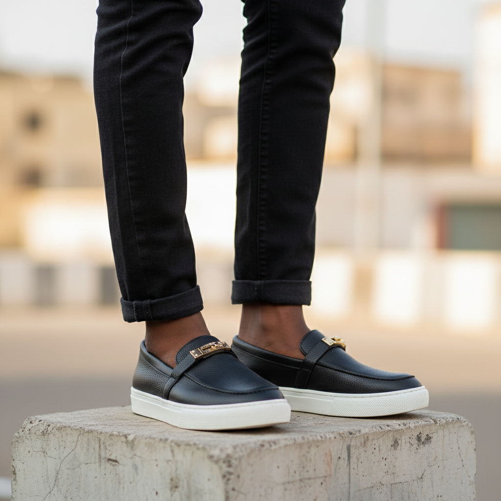 Men's Black Leather Platform Slip-On Loafer Gold Lock Clasp – Leg Shot