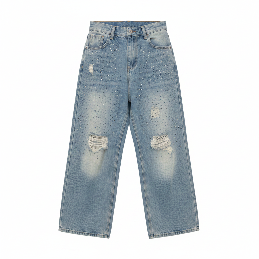 Men's light blue extra-wide baggy rhinestone ripped denim jeans ghost mannequin front view