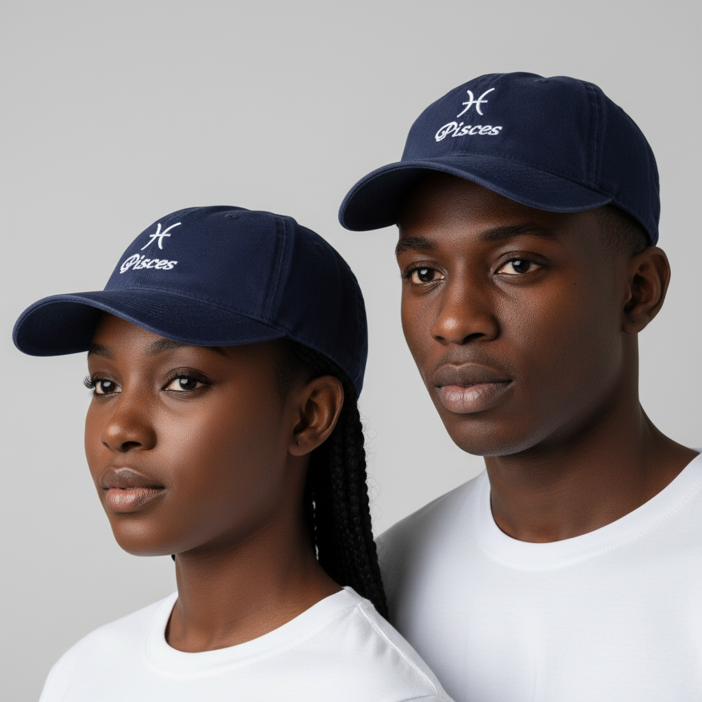 Nigerian female and male models wearing navy blue Pisces zodiac embroidered baseball cap