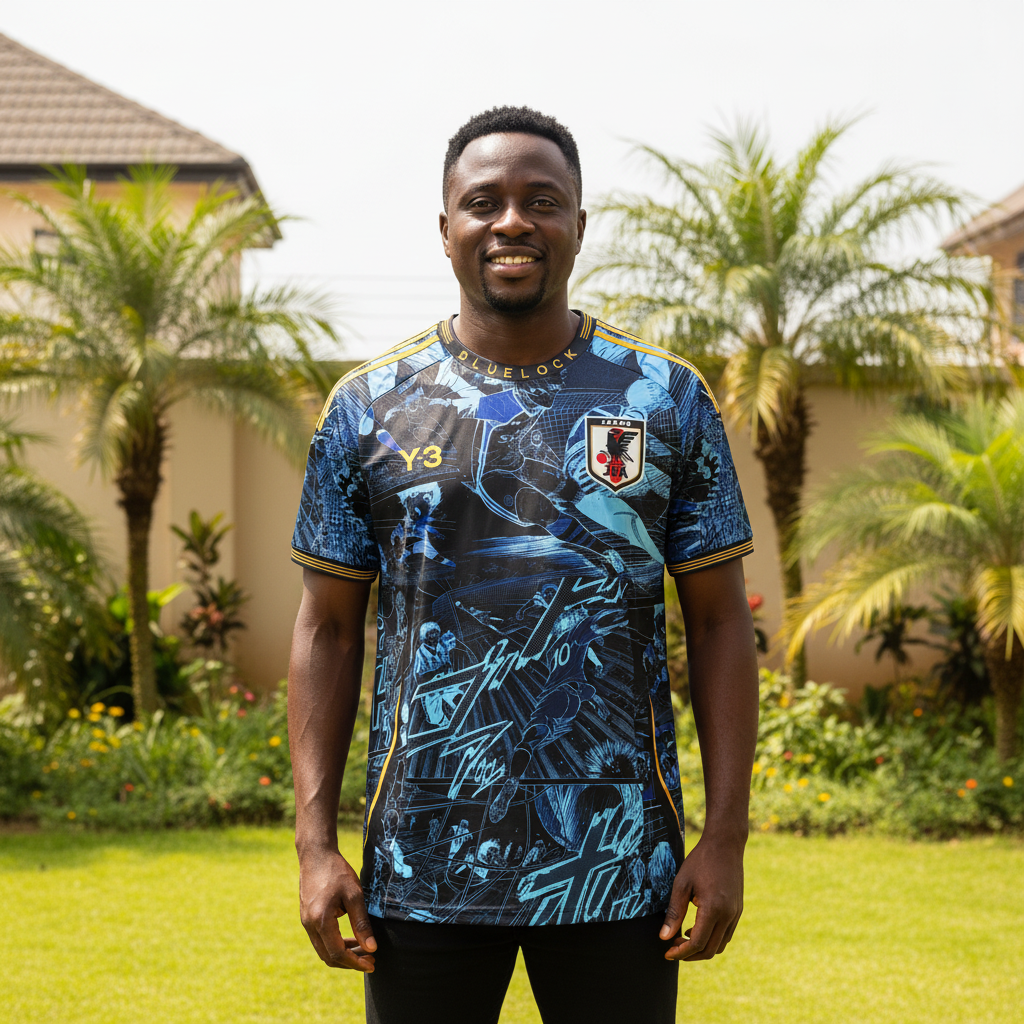 Navy manga comic panel football jersey on Nigerian male model