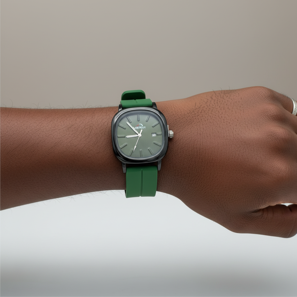Green strap wristwatch with olive dial worn on a Black man's wrist