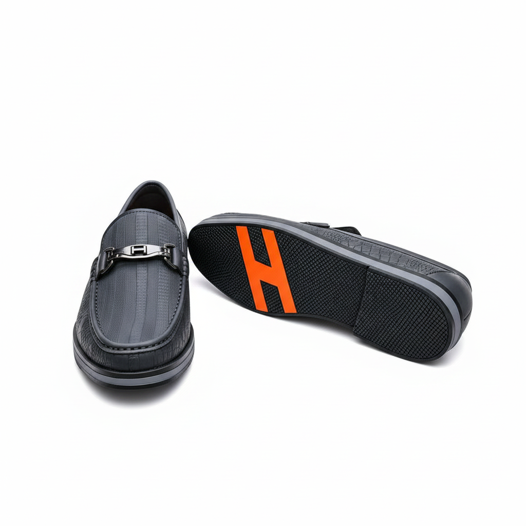Men's navy croc-embossed loafer pair ghost mannequin front and sole view