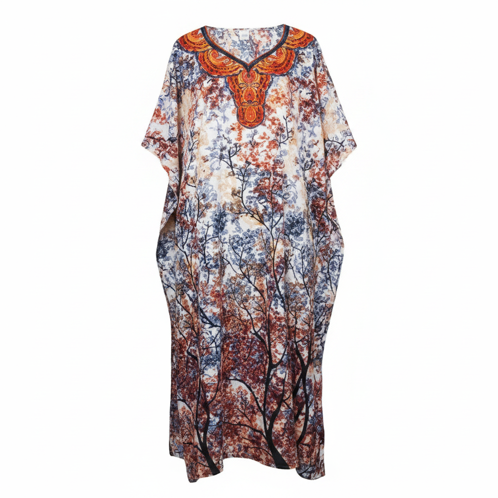 Ghost mannequin front view of women's floral bubu kaftan dress with orange embroidered neckline