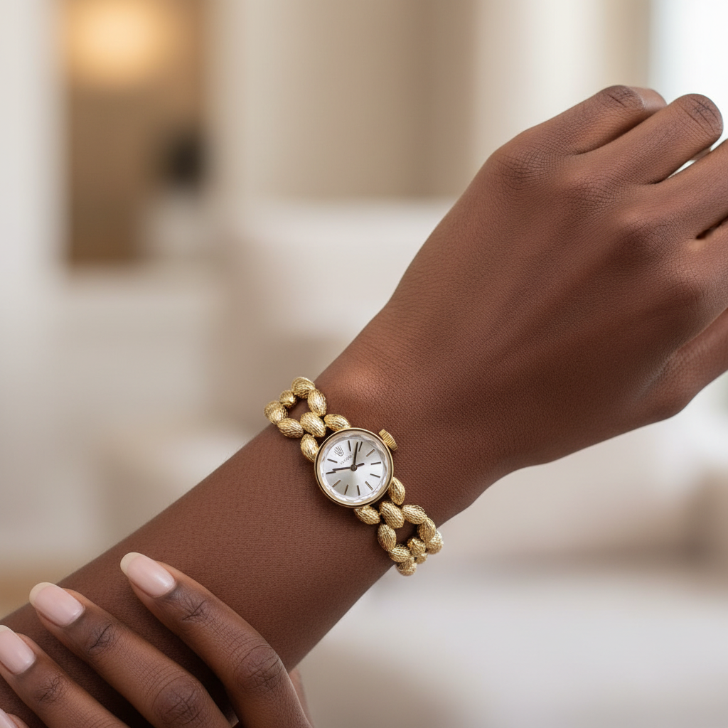 Women's gold chain bracelet silver dial watch worn on Nigerian model wrist — lifestyle wrist shot