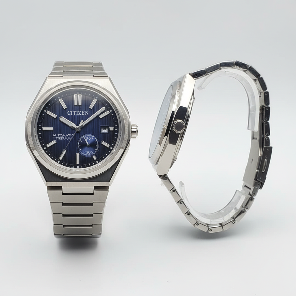 Navy blue dial automatic titanium watch front and side ghost mannequin view
