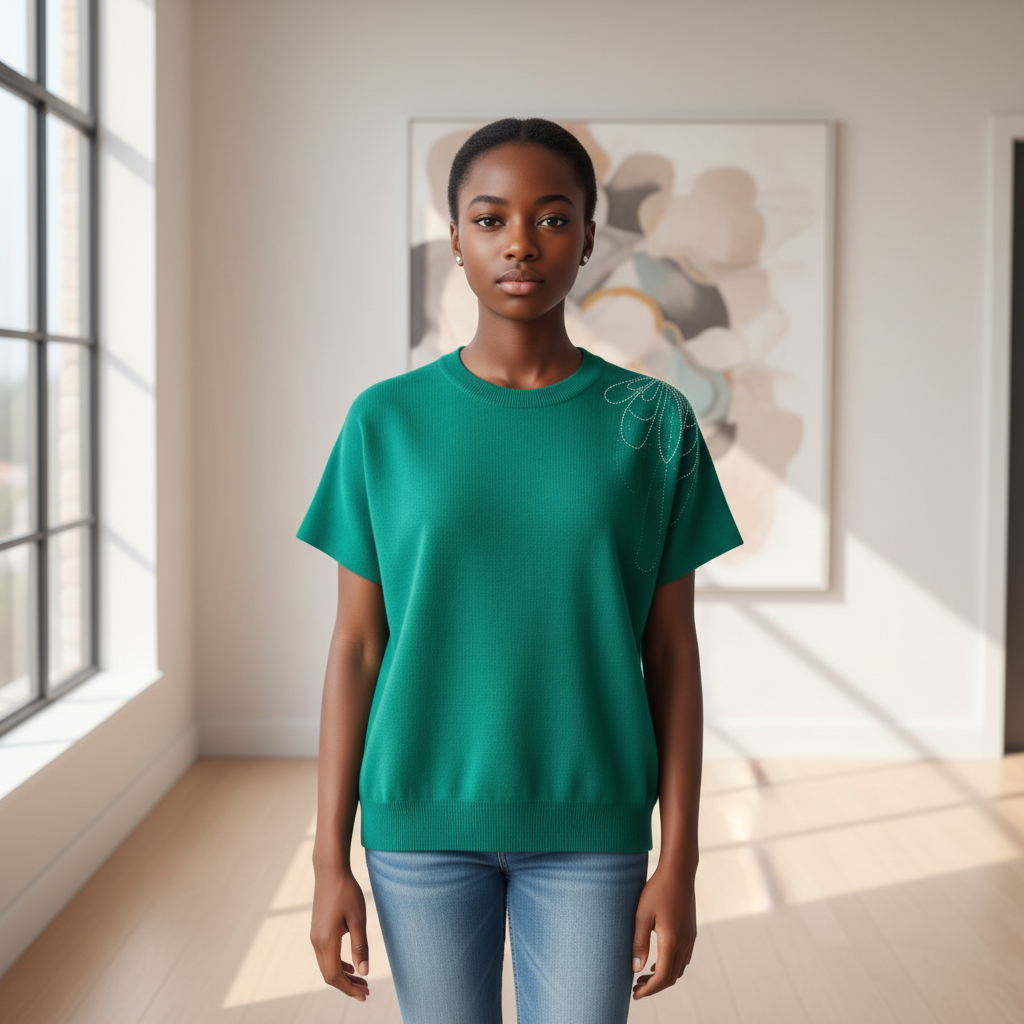 Girls teal rhinestone knit top on model