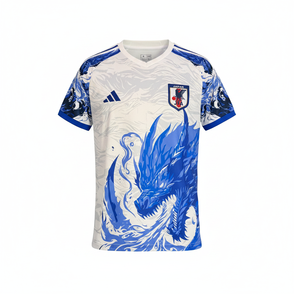 Men's white and blue dragon flame wave football jersey ghost mannequin front view