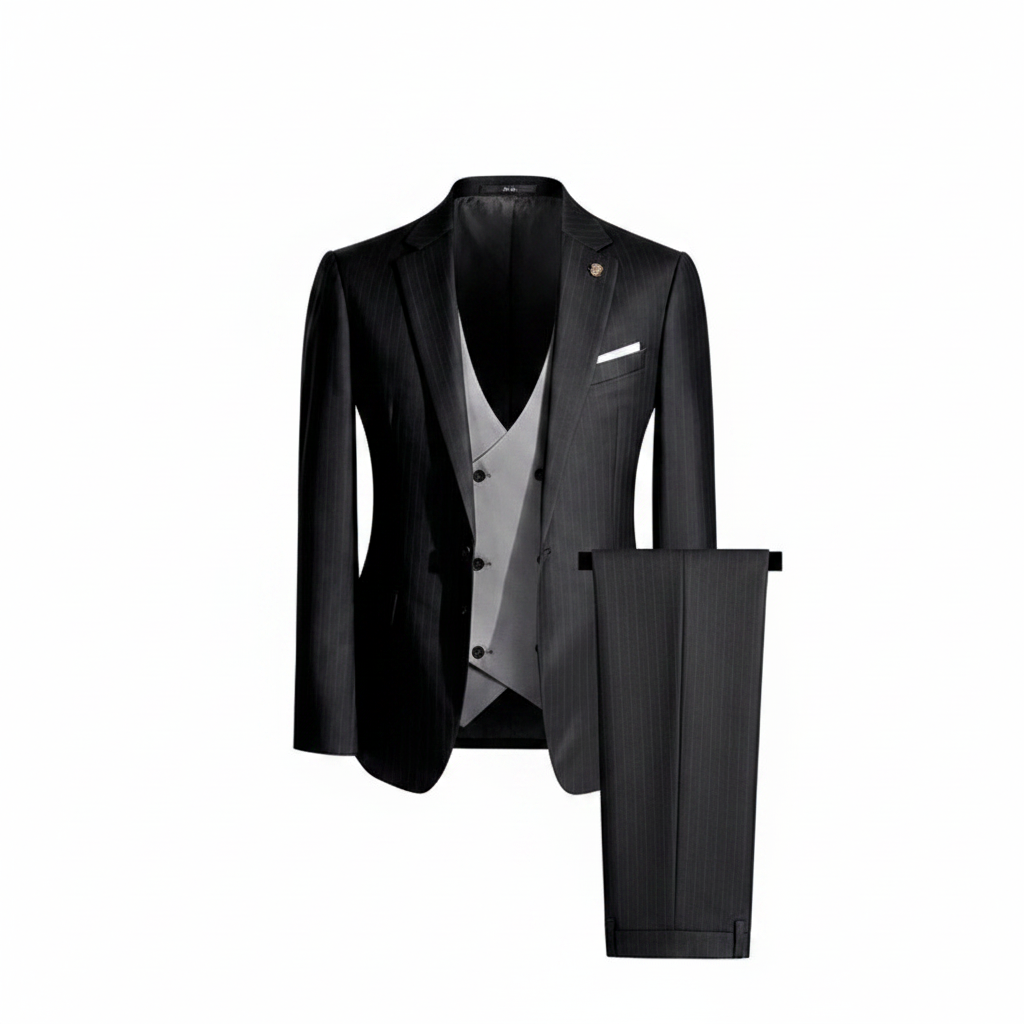 Black pinstripe 3-piece suit with grey waistcoat ghost mannequin view