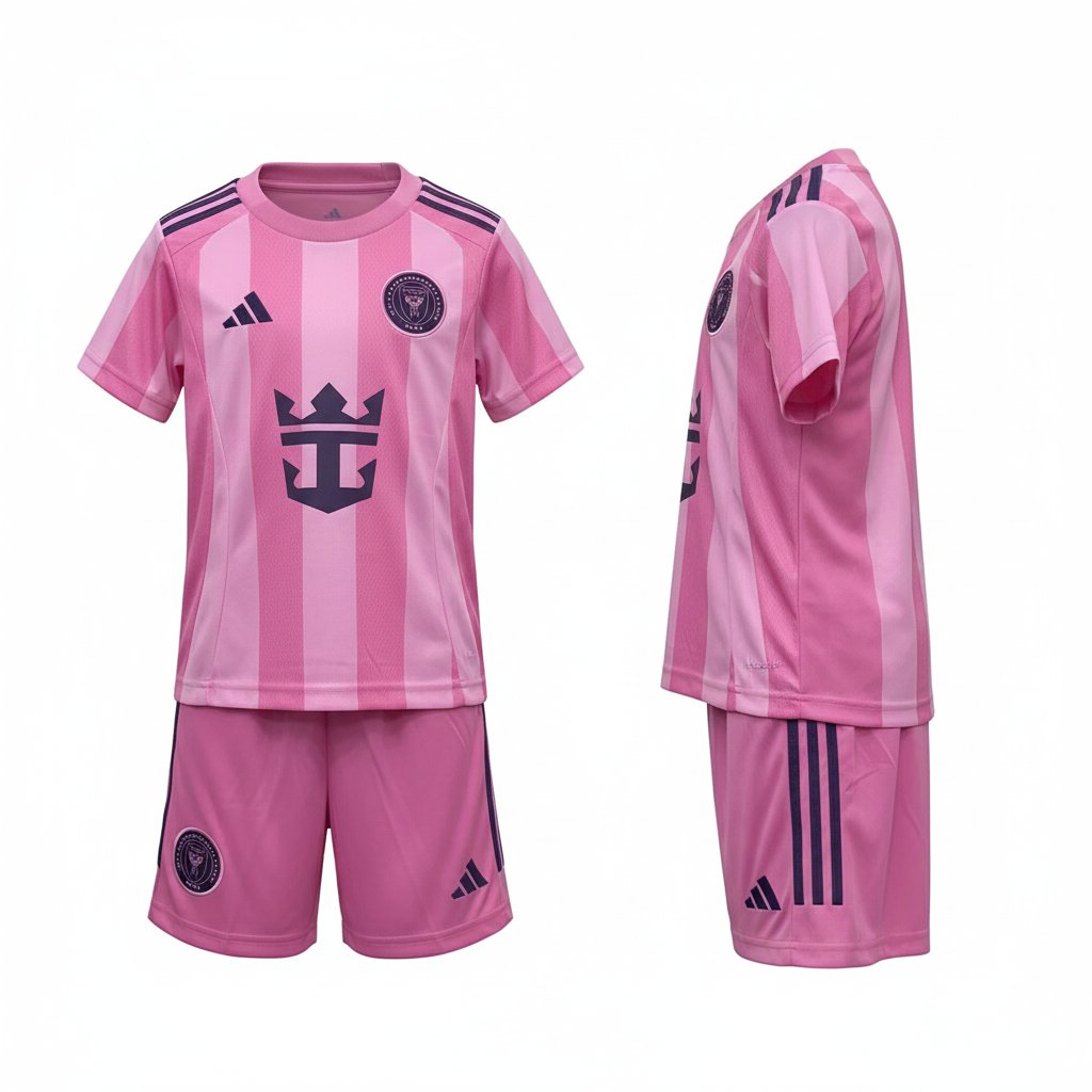 Kids all-pink stripe crown football jersey and shorts set ghost mannequin front and side view