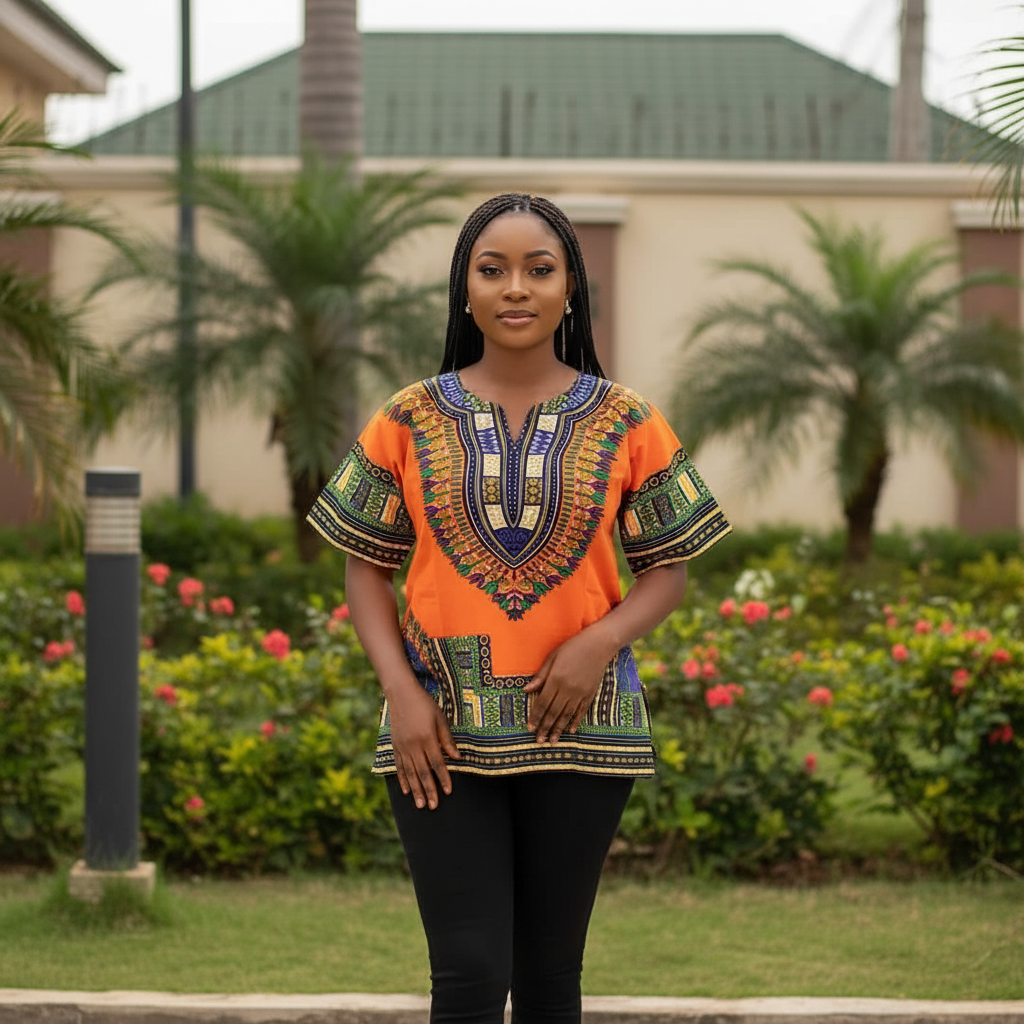 Nigerian female model wearing bold orange short-sleeve Dashiki top with multicolour tribal African print