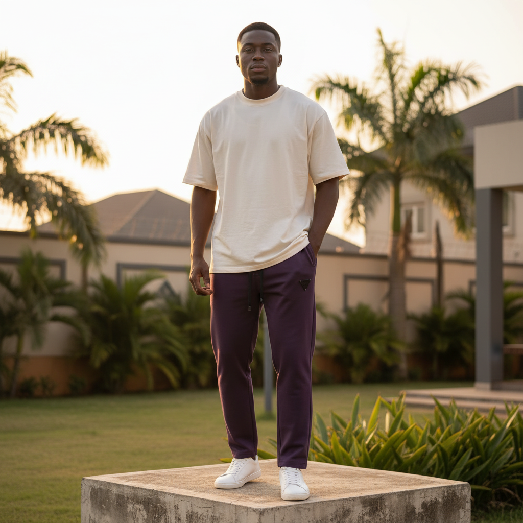 Nigerian male model wearing deep purple jogger pants streetwear outdoor setting