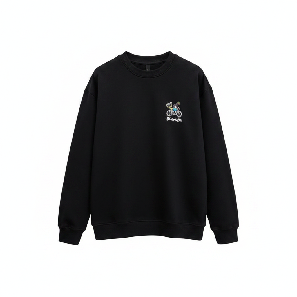 Unisex black sweatshirt with small chest cyclist graphic – ghost mannequin front view