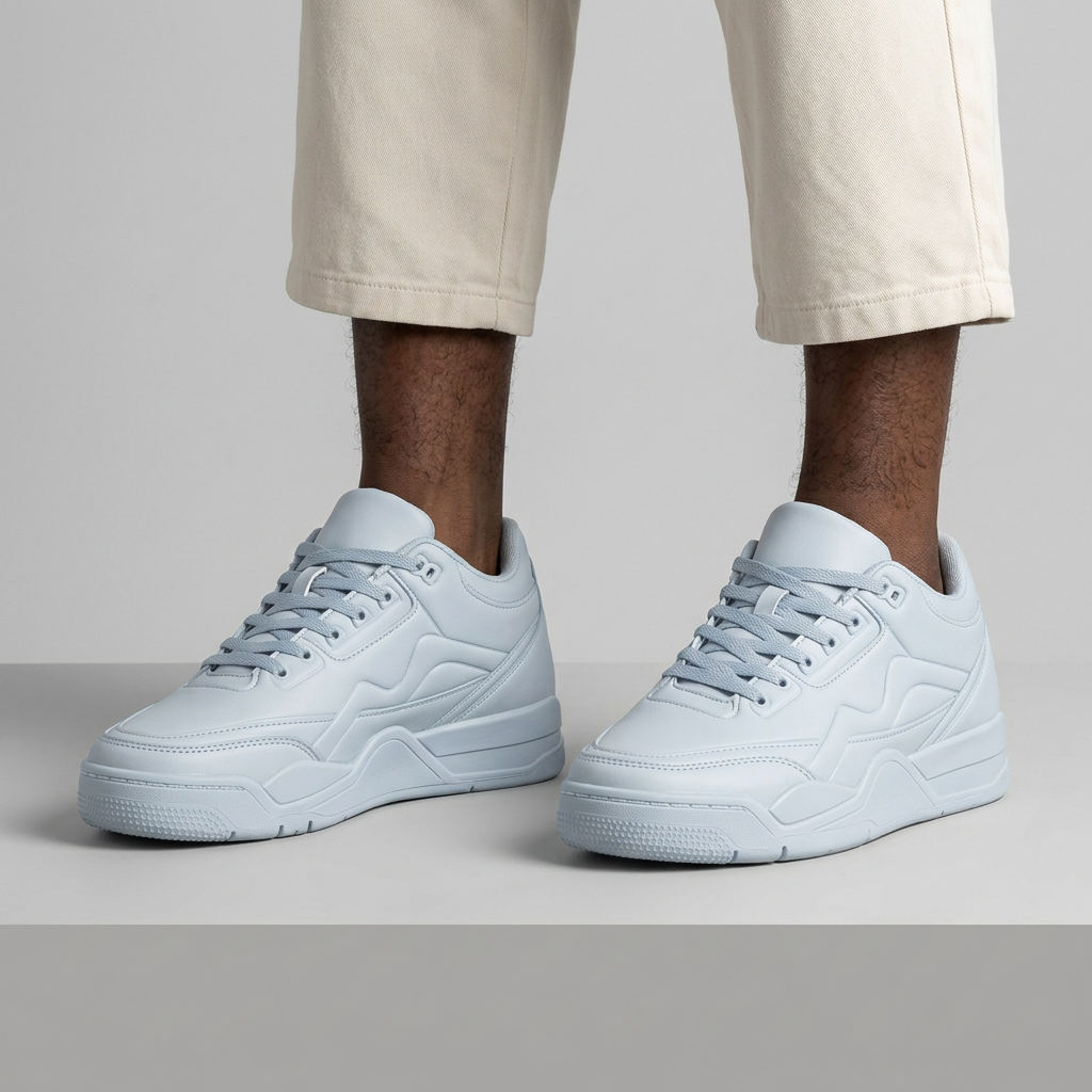Generated pale blue-grey sneakers worn by a Black adult model