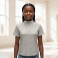 Nigerian girl model wearing grey mock-neck textured top