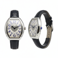 Women's silver plain bezel blue numeral crystal heart dial tonneau watch — ghost mannequin front and side view, navy leather strap