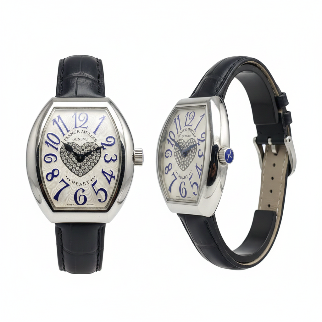 Women's silver plain bezel blue numeral crystal heart dial tonneau watch — ghost mannequin front and side view, navy leather strap